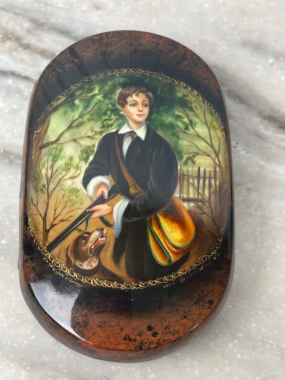 Russian Lacquer Box Fedoskino Hunter & Dog signed A. Shchetinina Vintage MINT